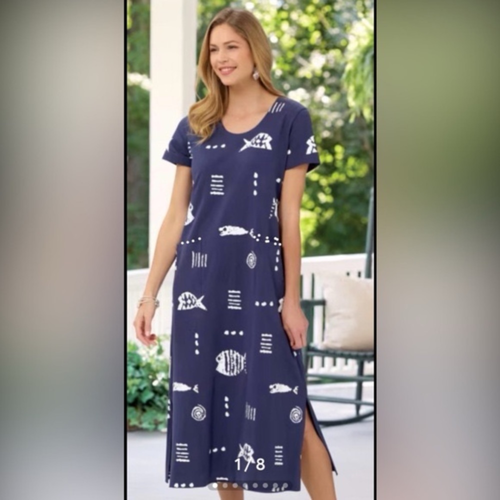 M.Mac cotton knit dress navy blue with fish print women’s size small